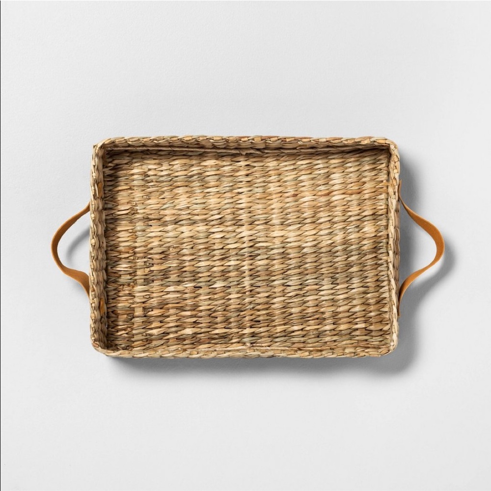HEARTH & HAND NWT Woven tray with leather handles -medium - Picture 2 of 5